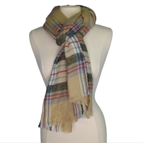 Beige Plaid Scarf Soft Cozy 80" x 26" Warm Winter Fringe Tartan Khaki - Picture 1 of 5